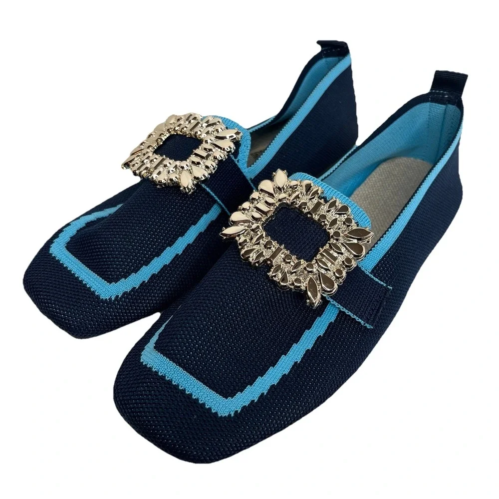 Women's Knit Slip-On Loafer Flats Navy Blue Silver Rhinestone Buckle US 10